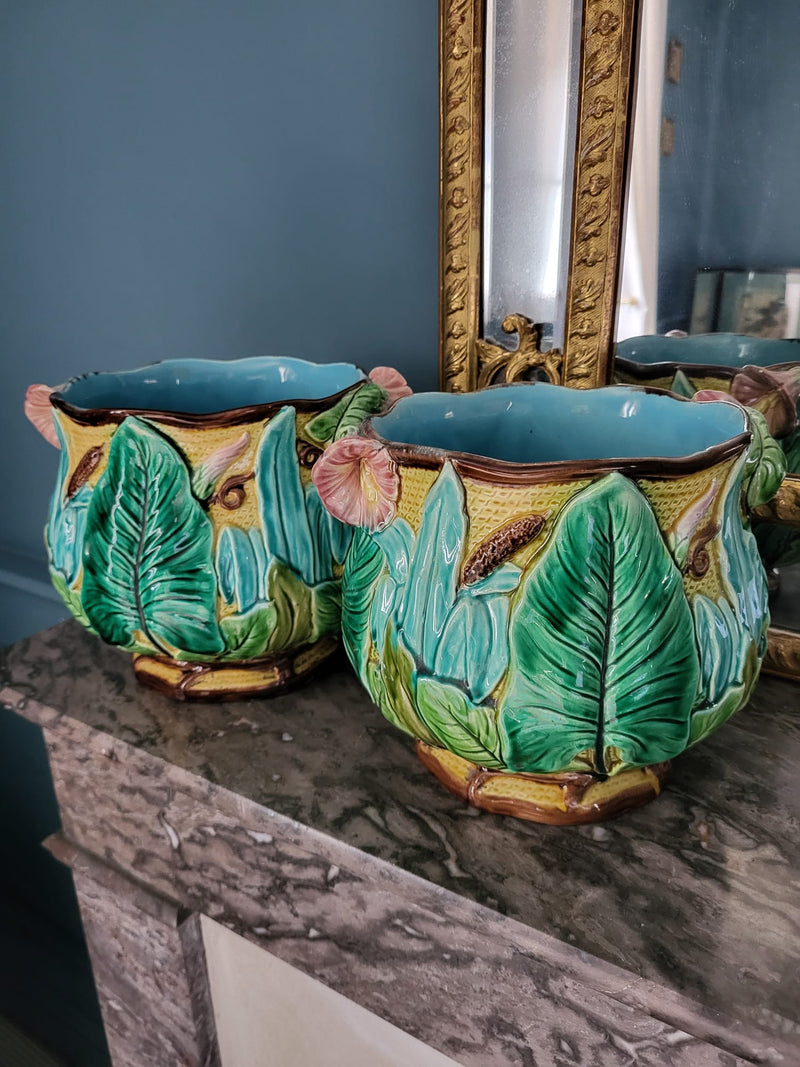 Pair of French Majolica flower & leaves jardinières