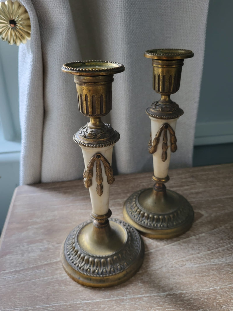 French 18th Century marble & gilded bronze candlesticks